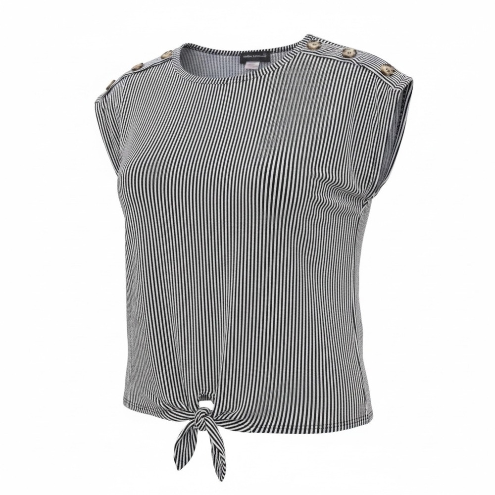 Modern Attraction Black White Striped Shoulder Button Front Tie Ribbed Top L